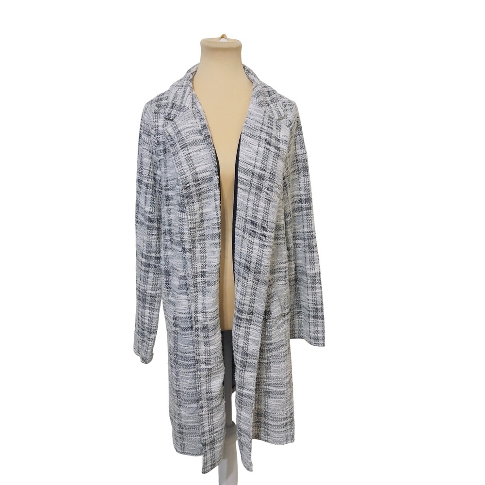 Melloday Women Plaid Open Front Longline Coatigan XL Gray White Preppy Casual
